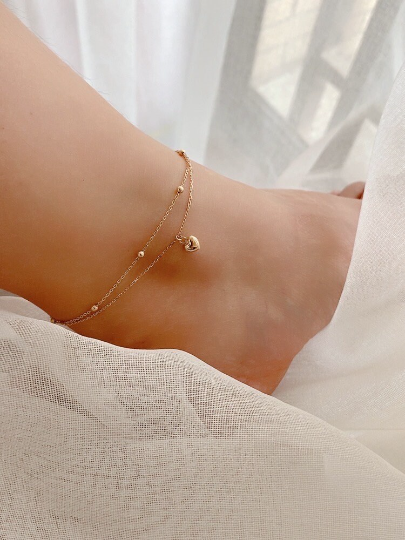 14K SOLID GOLD Dainty Bead Double Chain Love Heart Anklet