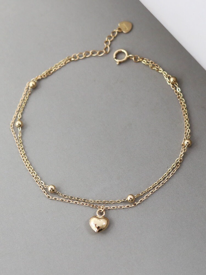 14K SOLID GOLD Dainty Bead Double Chain Love Heart Anklet