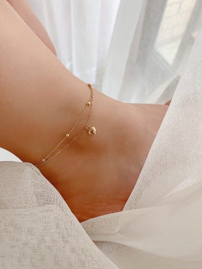 14K SOLID GOLD Dainty Bead Double Chain Love Heart Anklet