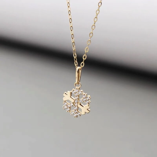 14K Solid Gold Zirconia Snowflake Necklace, 14K Real Gold Snowflakes Delicate Necklace, Minimalist 14Kt Gold Jewelry, Gift for Her