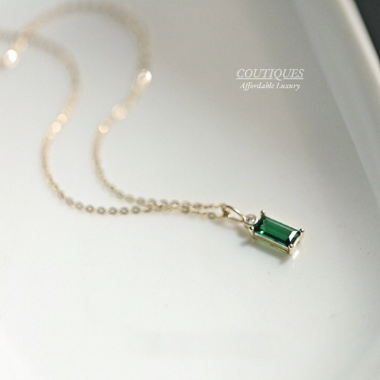 Solid Gold Emerald Green Baguette Gemstone Pendant Necklace, 9K Real Gold Lab Created Emerald Gemstone Cable Chain NecklaceMother’s Day Gift