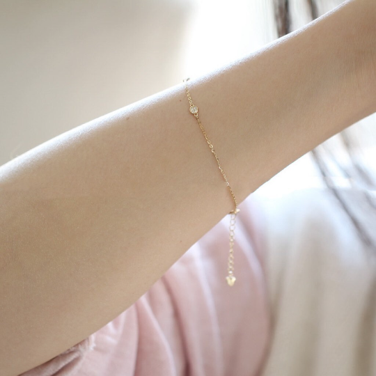 14K Solid Gold Dainty Zirconia Bracelet, Real Gold Minimalism Thin Bracelet Chain, Delicate Shiny Daily Wear Bracelet, Gift For Her