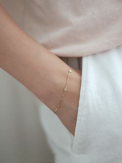 14K Solid Gold Dainty Zirconia Bracelet, Real Gold Minimalism Thin Bracelet Chain, Delicate Shiny Daily Wear Bracelet, Gift For Her